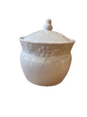 VINTAGE White Ceramic Canister Jar made In Japan fruit embossed Lidded